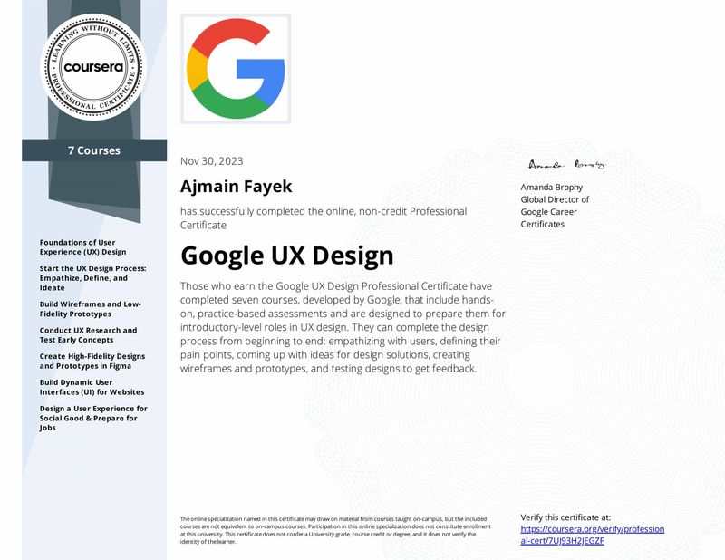 Google UX Design professional certificate awarded to Ajmain Fayek
