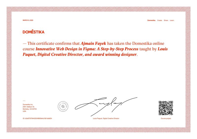 Domestika certificate for innovative web design in Figma