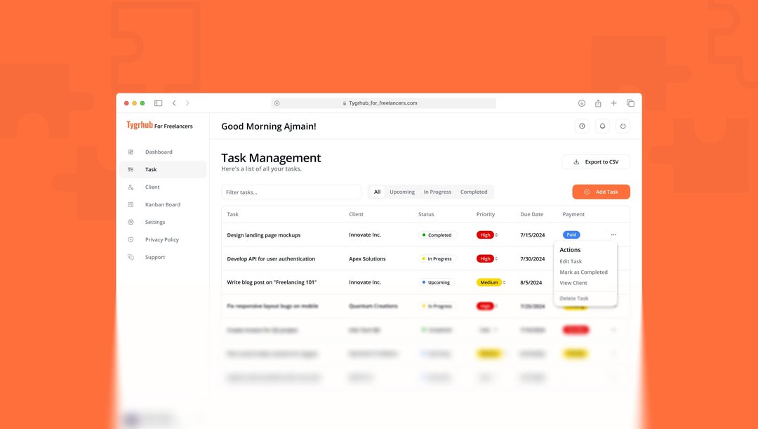 Tygrhub for Freelancers task management screen in a browser window on an orange background