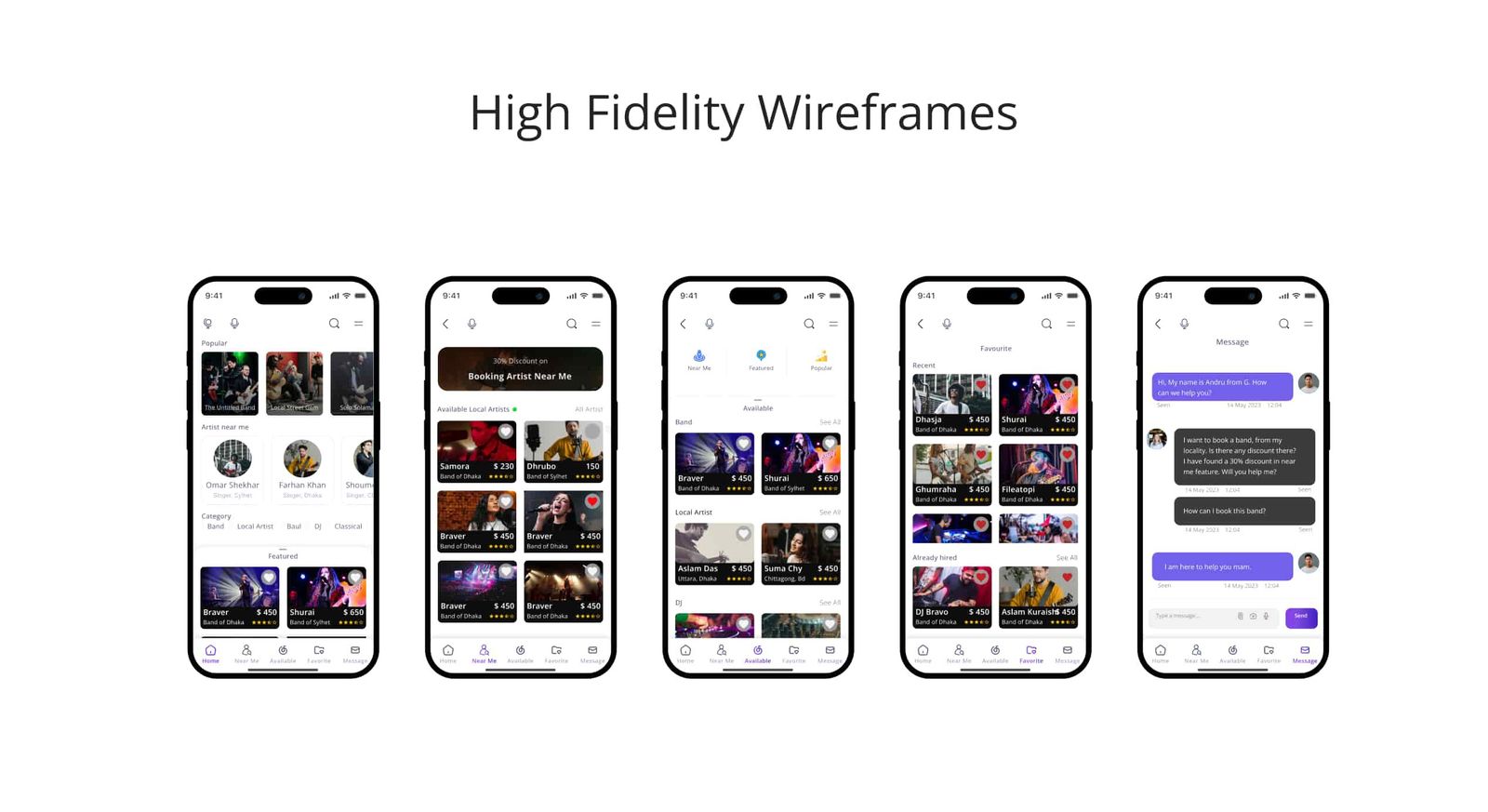 High-fidelity wireframes — Musician Booking App case study
