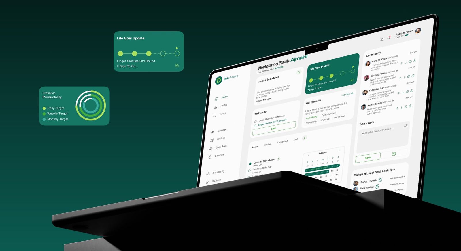 Daily Progress web app dashboard on a laptop with floating life-goal and productivity cards