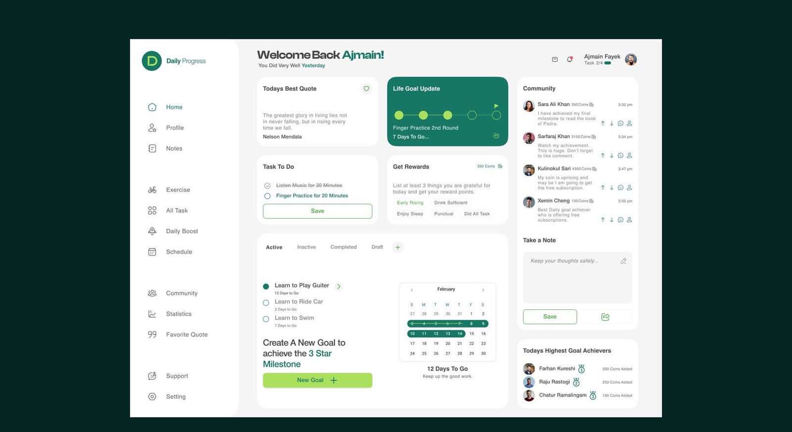 Dashboard — daily overview — Daily Progress Web App case study