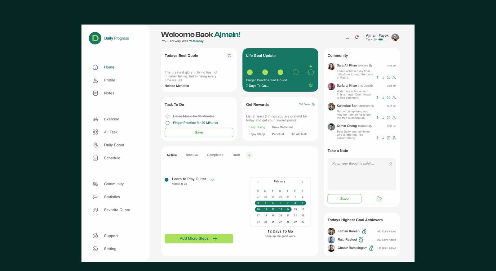 Dashboard with tasks, rewards, and community — Daily Progress Web App case study