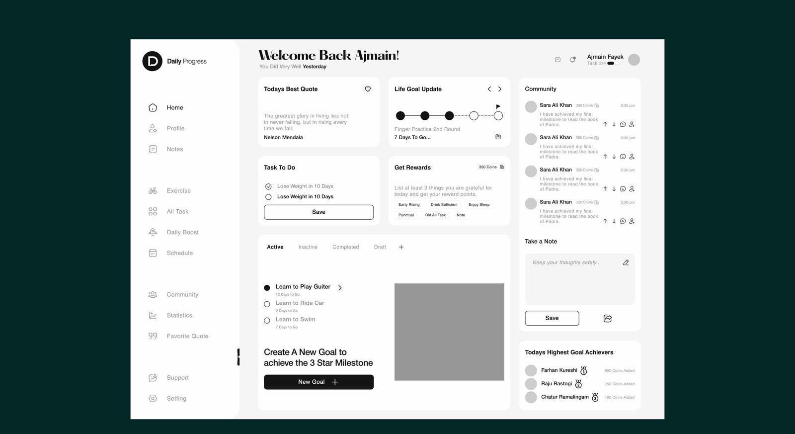 Low-fidelity wireframe of the dashboard — Daily Progress Web App case study